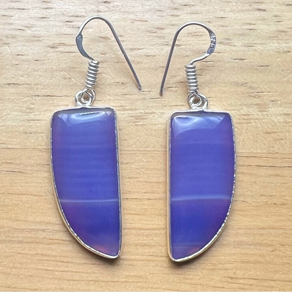 New Purple Bostwana Agate Onyx Silver Overlay Hook Dangle Earrings - Picture 3 of 5